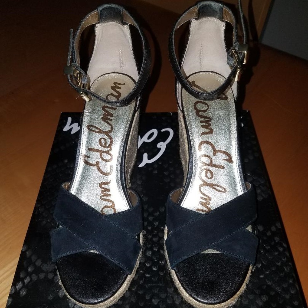 Sam Edelman Brenda Open Toe Suede Black Wedge